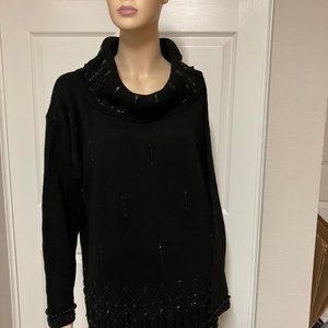 Vintage 1990s Black, beaded, over-sized sweater. Cowl neck. NWT. Sz-Med
